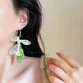 Green fresh beaded flower stud earrings long beach vacation style early spring earrings women's exaggerated stylish fashion earrings