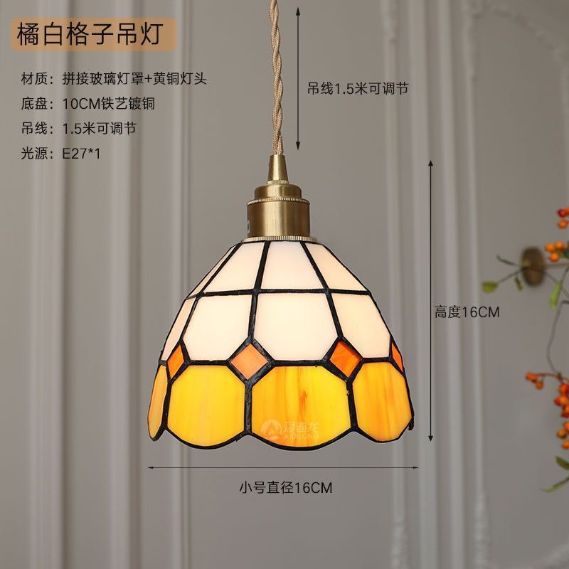 Vintage brass hand-soldered lamp, american style bedside aisle restaurant cafe stained glass pendant light