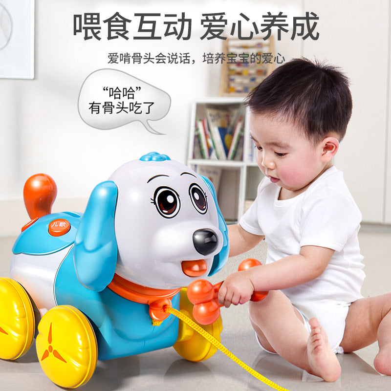 Kids' pull-along dog toy: educational, early learning, money bank, musical, light-up, crawling, interactive toy with touch-sensitive feeding feature
