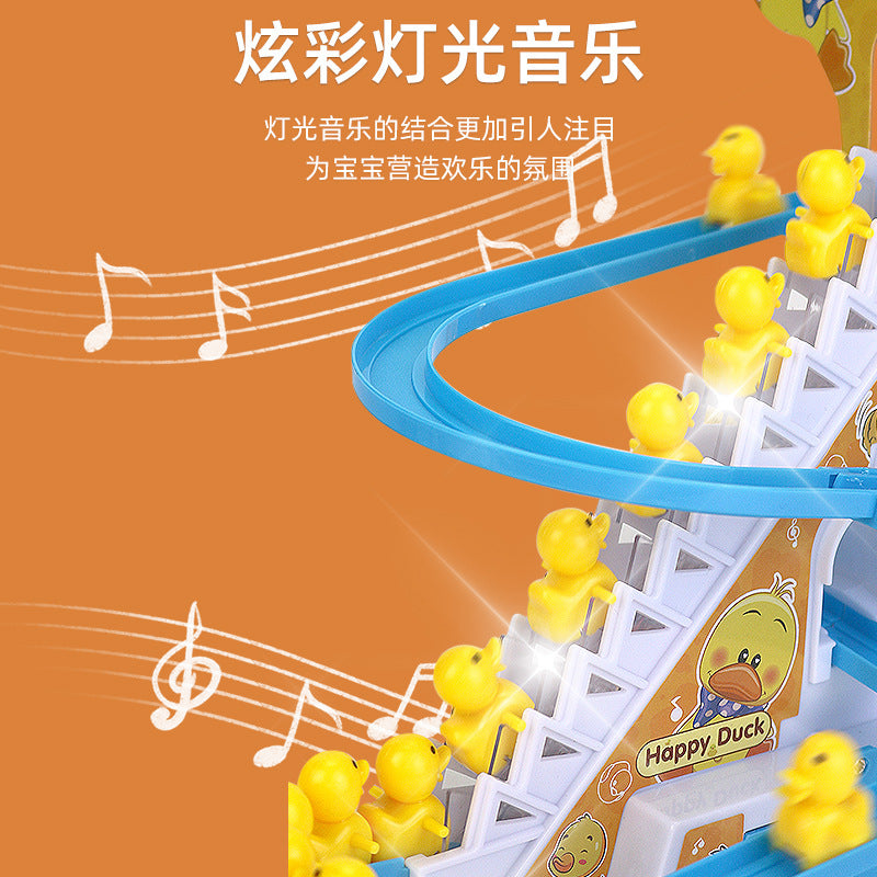 Influencer-approved little yellow duck climbing stairs educational electric track toy with slide for baby girls, boys, and toddlers