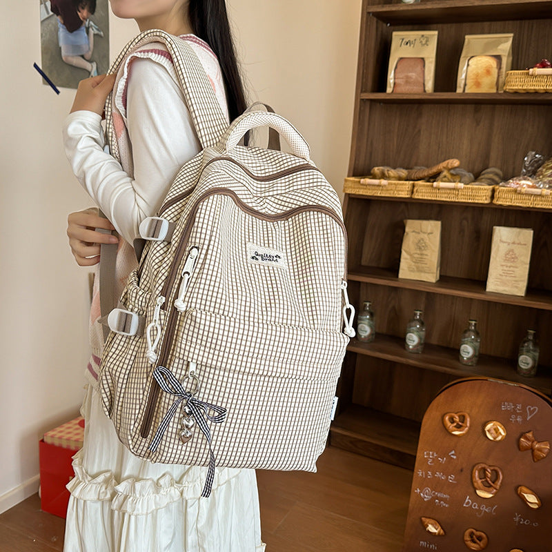 Fresh plaid backpack for women, college & middle school students - lightweight, minimalist, large capacity, korean style, girls' shoulder bag
