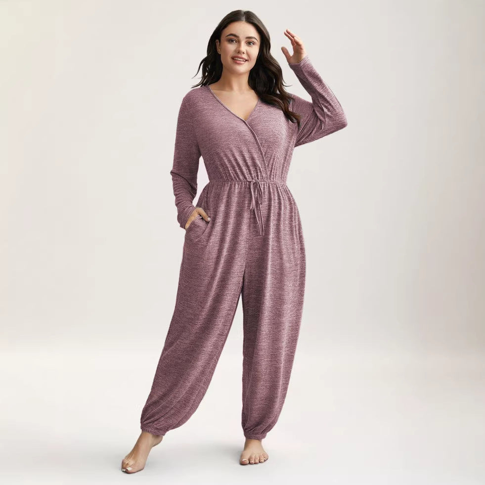 Amazon  cross-border plus size curvy women's clothing - women's long pants - women's deep v-neck tie-waist jumpsuit