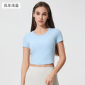 Women's yoga top - short sleeve, cutout back, drawstring, ruched, breathable, outdoor sports, fixed cup, fitness top d25061