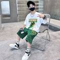 Kids' new  summer t-shirt set: stylish boys' printed casual short-sleeve high-street hip-hop letter print shorts outfit