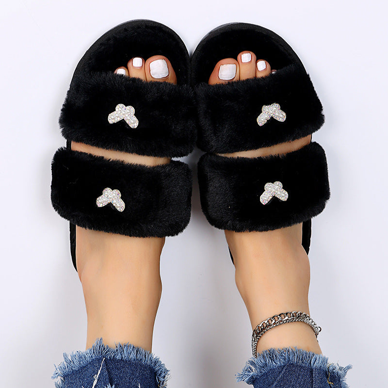 2024 new plus size indoor/outdoor flat pearl rhinestone butterfly cotton slippers - women's new fuzzy slippers