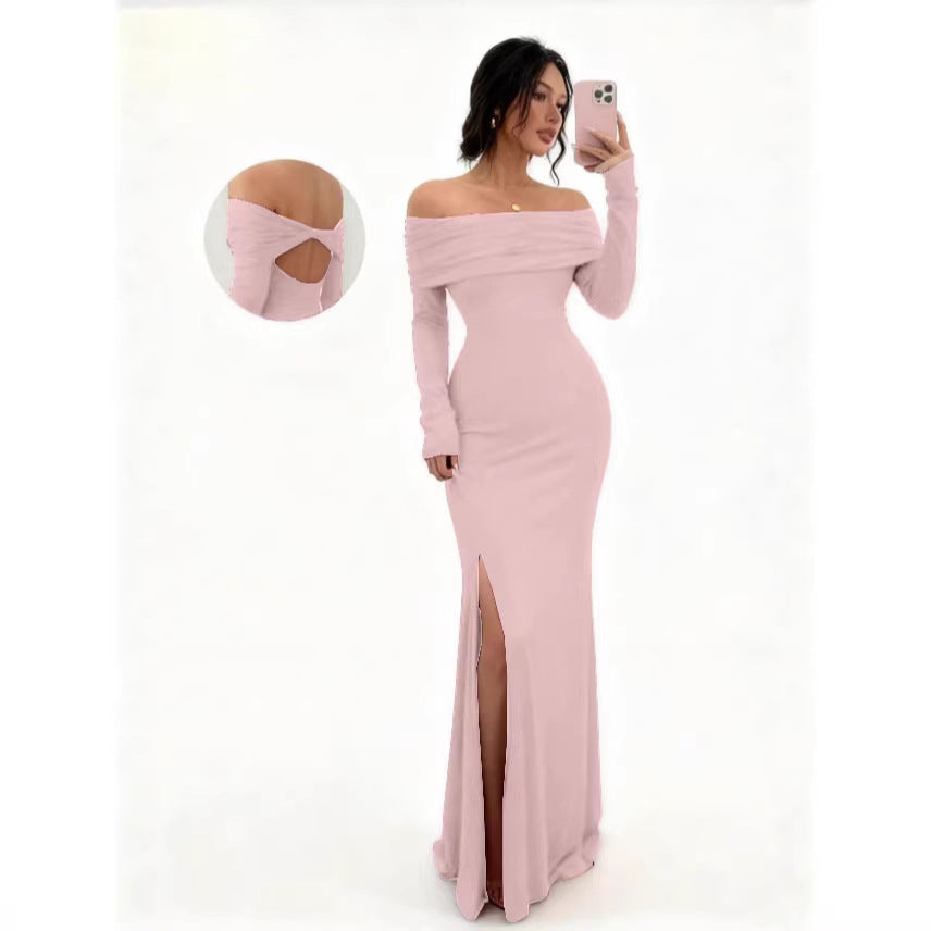 new autumn cross-border long-sleeve slit one-shoulder fashionable slim-fit elegant socialite sexy bodycon dress