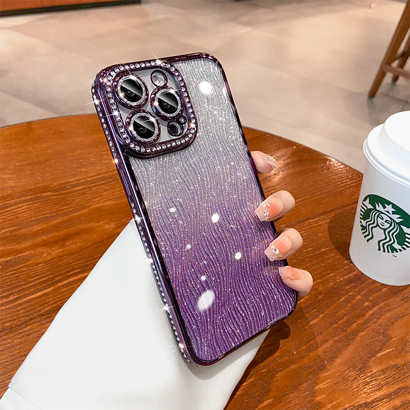Sparkling electroplated rhinestone iphone 17 pro case - water ripple gradient glitter apple 16 soft case 14