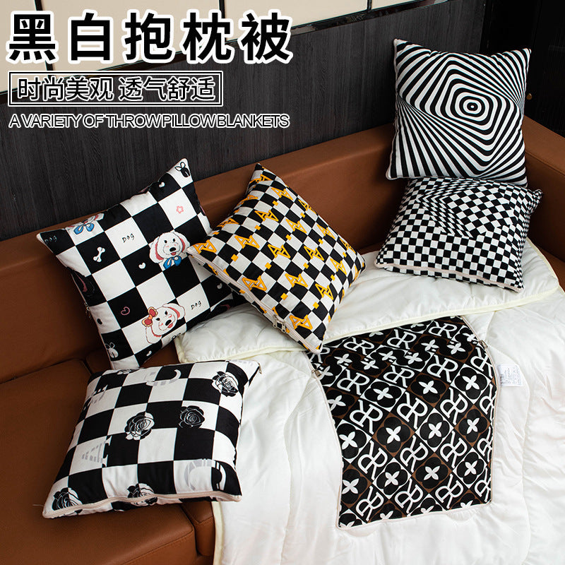 Multifunctional pillow quilt two-in-one scandinavian black and white checkerboard grids car cushion quilt office lunch break air-conditioning quilt