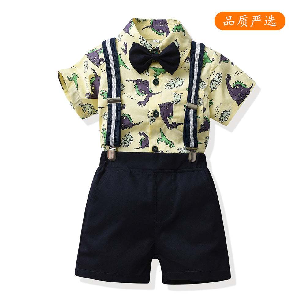 European and american cross-border new children's short-sleeve shirt printed boy's outfit cartoon dinosaur overalls gentleman's first birthday dress