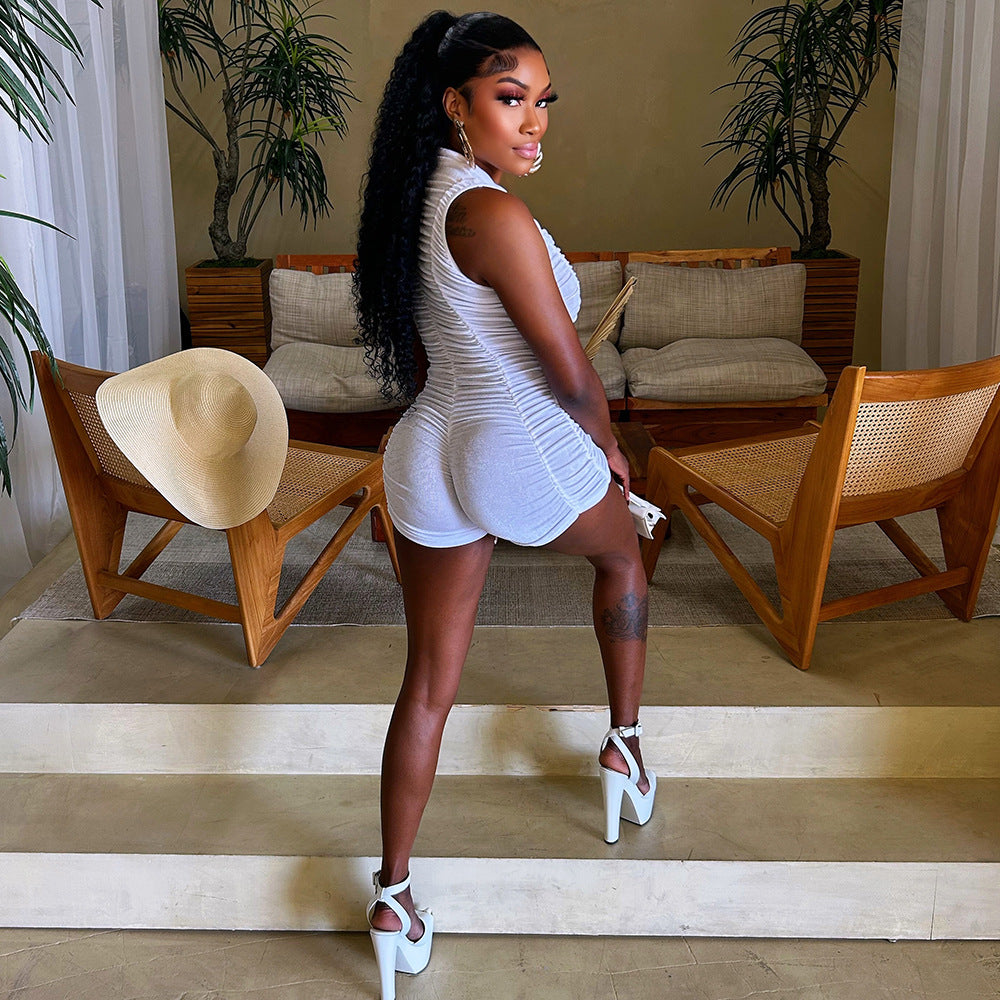 European and american cross-border women's clothing:   summer new fashion sexy hot girl ruched sleeveless jumpsuit shorts