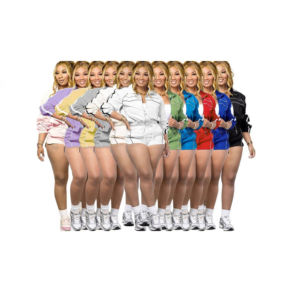 european and american style sexy hot girl long sleeve zipper color block webbing shorts women's two-piece set