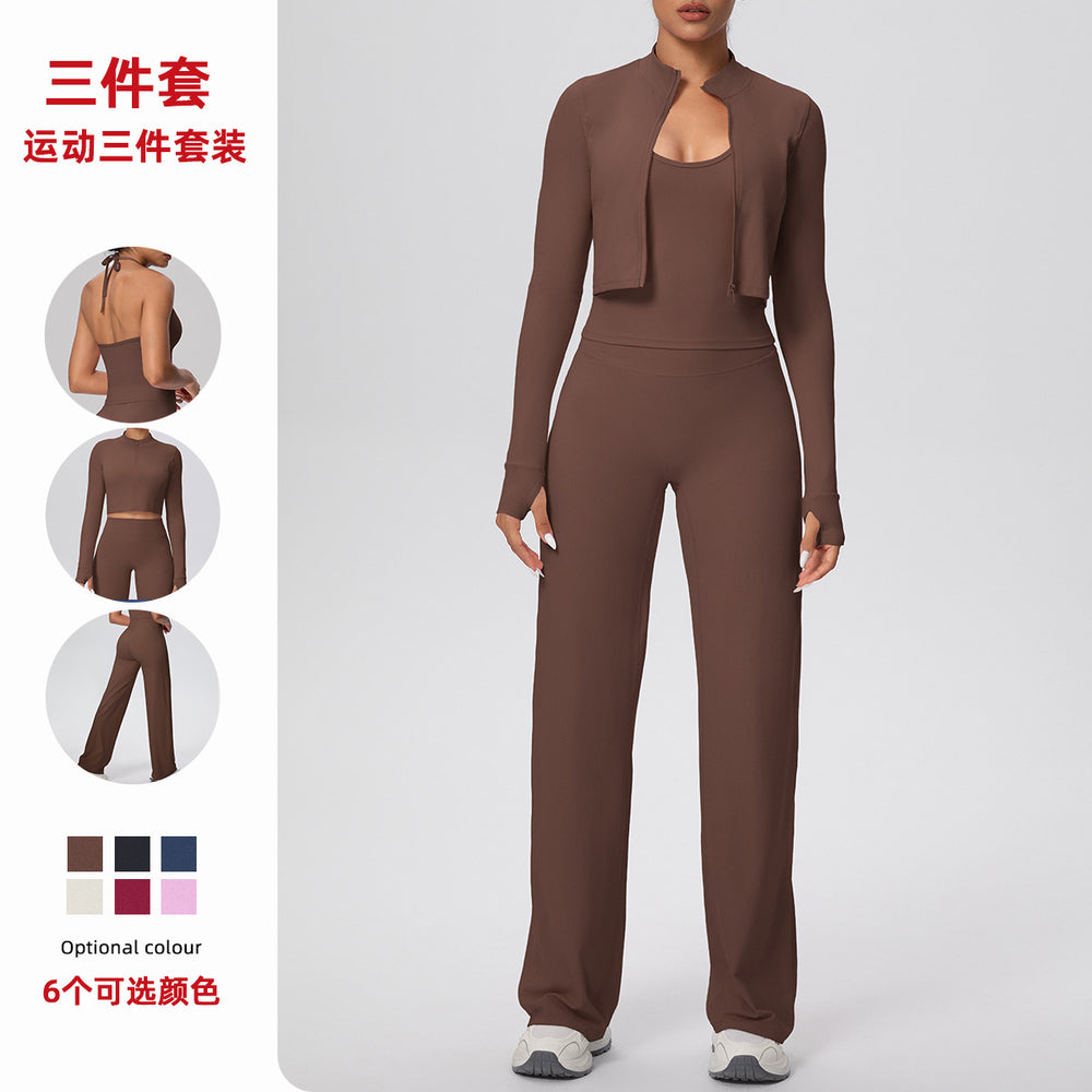 brushed tight drawstring halter vest wide-leg long three-piece set sports running fitness yoga suit