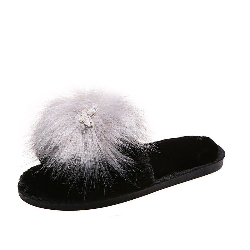 2024 fall/winter new korean style butterfly one-strap flat slippers, warm round-toe indoor/outdoor cotton slippers, fuzzy slippers for women