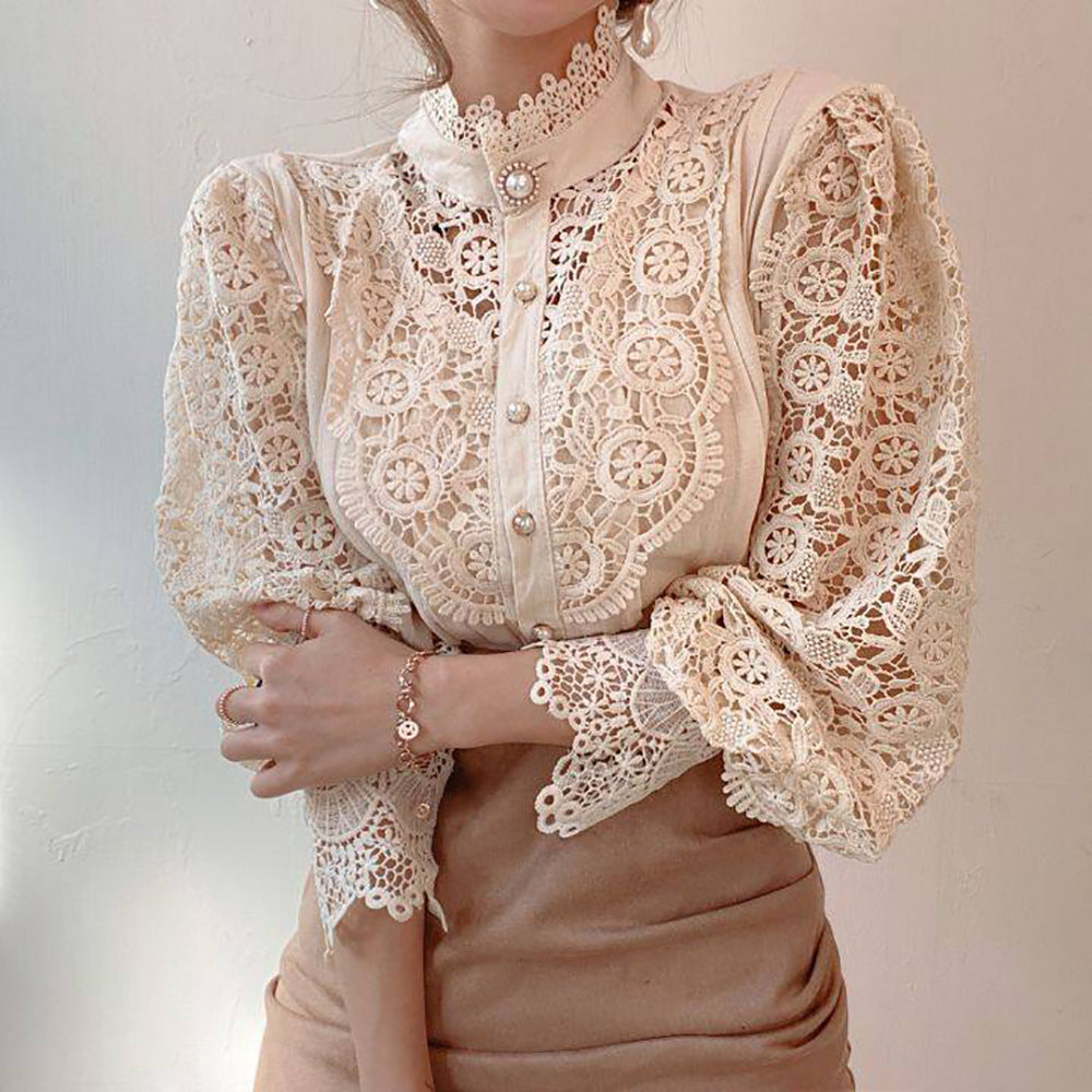new women's lace French hollow lace long-sleeved stand-up collar cotton versatile women's shirt