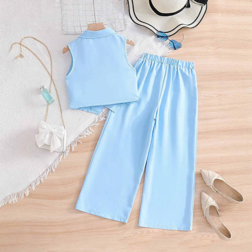 kidssuit sky blue lapel sleeveless open lining suit pants girl summercasualtwo-piece set