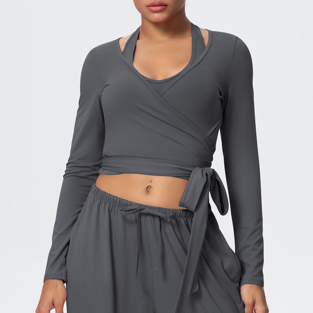 European and american fashionable brushed yoga top - one-piece tie-up long sleeve activewear for outdoor high-end fitness