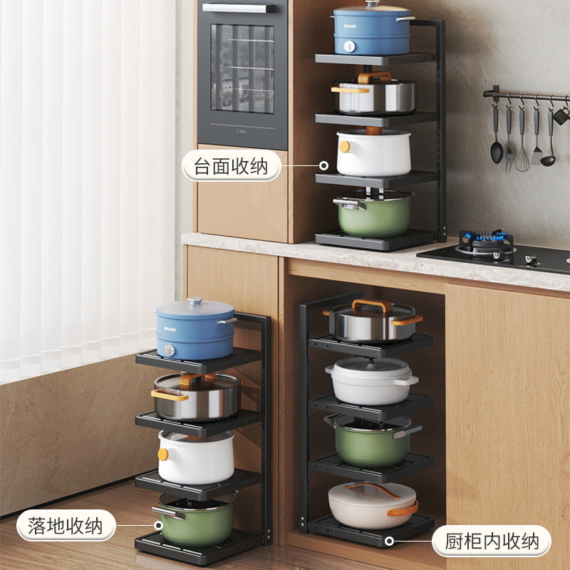 Floor-standing kitchen pot storage rack with adjustable layer spacing and corner sink storage for home use
