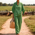 european and american cross-border new spring/summer comfortable casual button-down shirt and wide-leg pants linen two-piece women's set