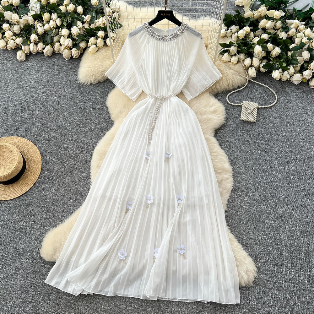 European and american light luxury high-end short-sleeve dress for women - summer pleated, rhinestone-embellished, pearl belt design
