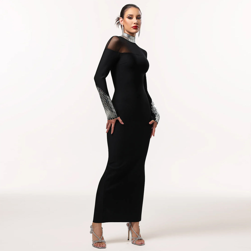 C7592 cross-border   fashion women's elegant high neck rhinestone exquisite high-end dress
