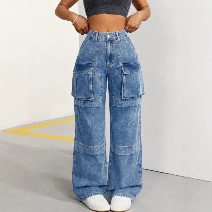 Amazon tiktok pinduoduo export cross-border fashion high waist double layer workwear wide leg jeans