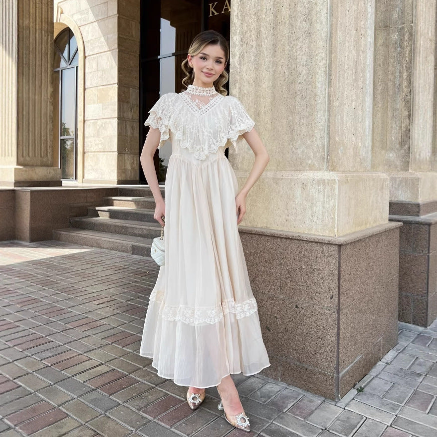 summer new arrival: white lace patchwork flowy elegant vintage lightweight maxi dress