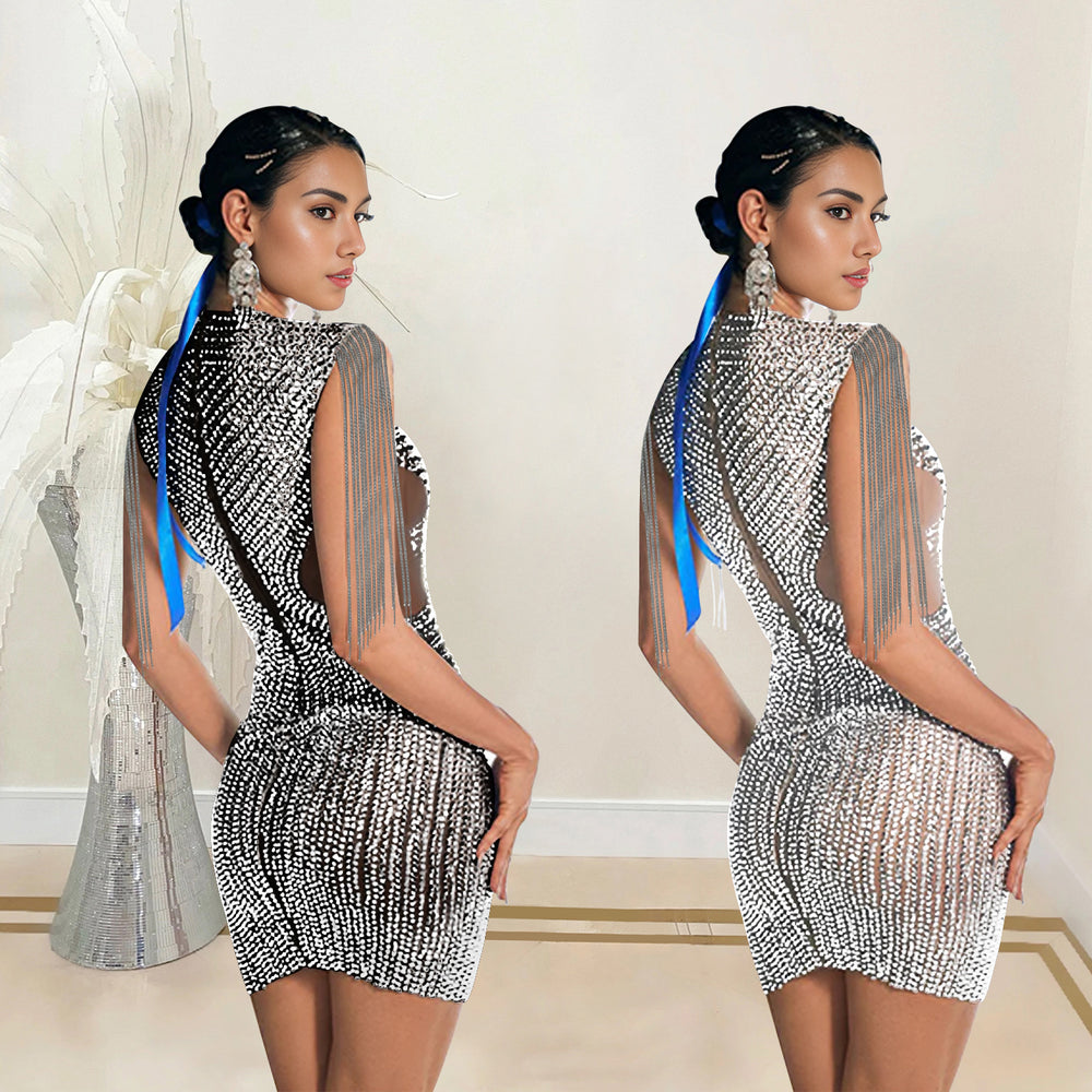 C7020 cross-border   independent station fashion women's tassel rhinestone sleeveless dress new