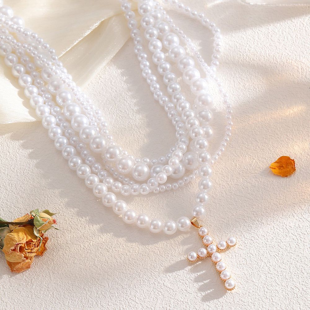 Stacked necklaces wholesale european and american cross-border retro imitation pearl light luxury sweet cool pendant women's pearl cross necklace