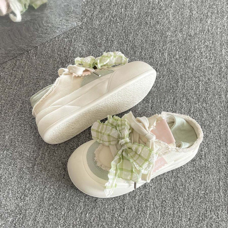 Cute bowknot chunky sole bread loafers - women's 2026 autumn lightweight ins style student versatile two-way trendy sneakers