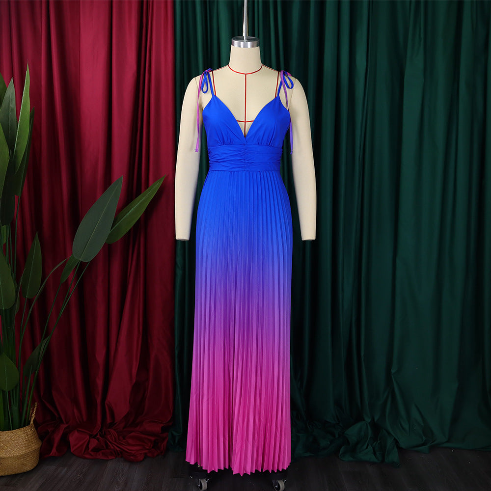 European and american plus size women's clothing  new fashion v-neck sexy high-waisted gradient pleated maxi dress gown