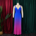 European and american plus size women's clothing  new fashion v-neck sexy high-waisted gradient pleated maxi dress gown