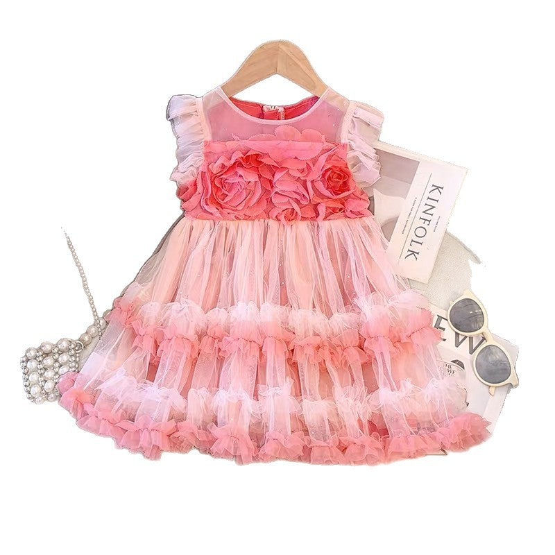 Trendy baby girl dress -  summer floral sweet style - popular tutu dress - girls' mesh party dress