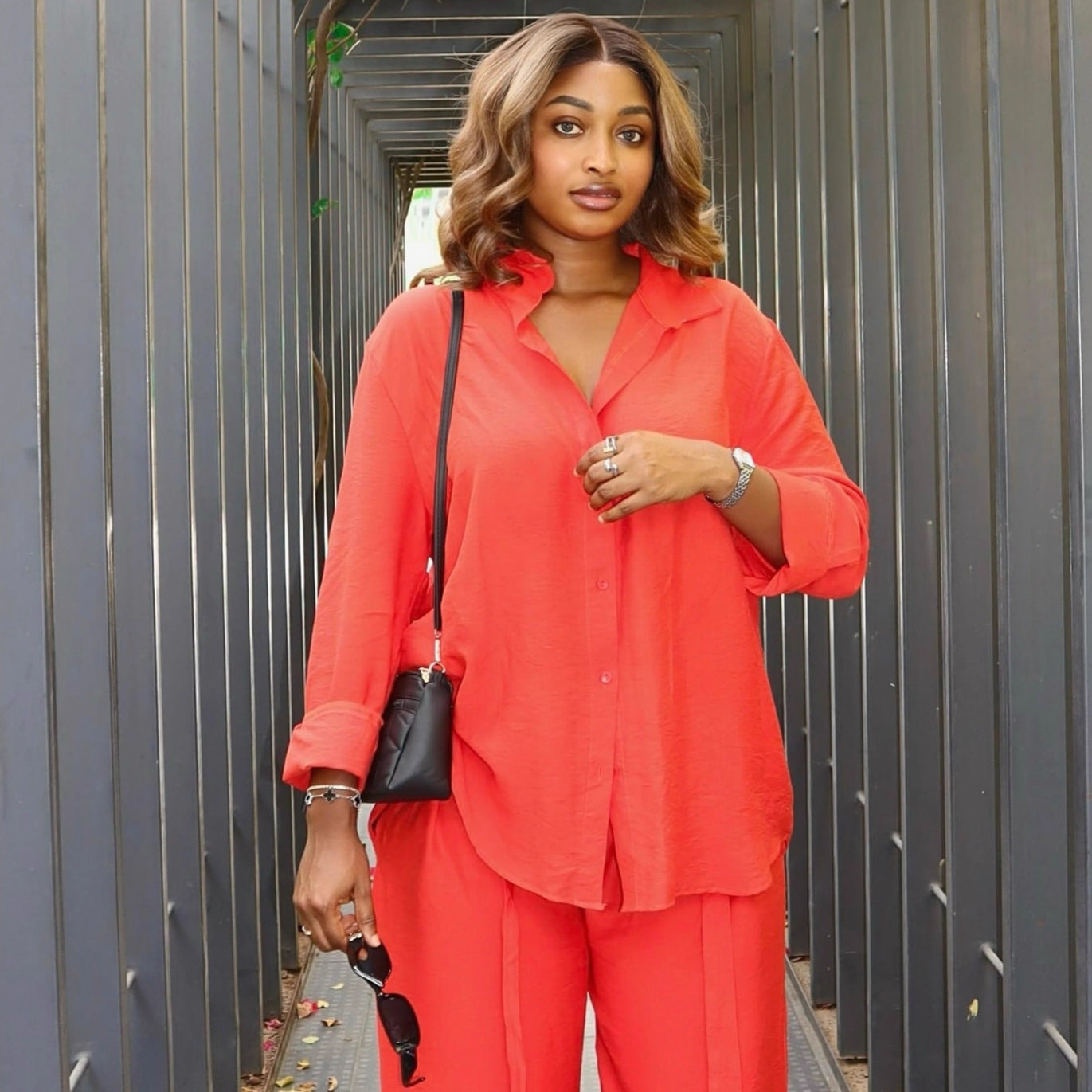 European and American large-size women's clothing solid color long-sleeved cardigan lapel shirt high waist trousers women's African fashion foreign style two-piece set