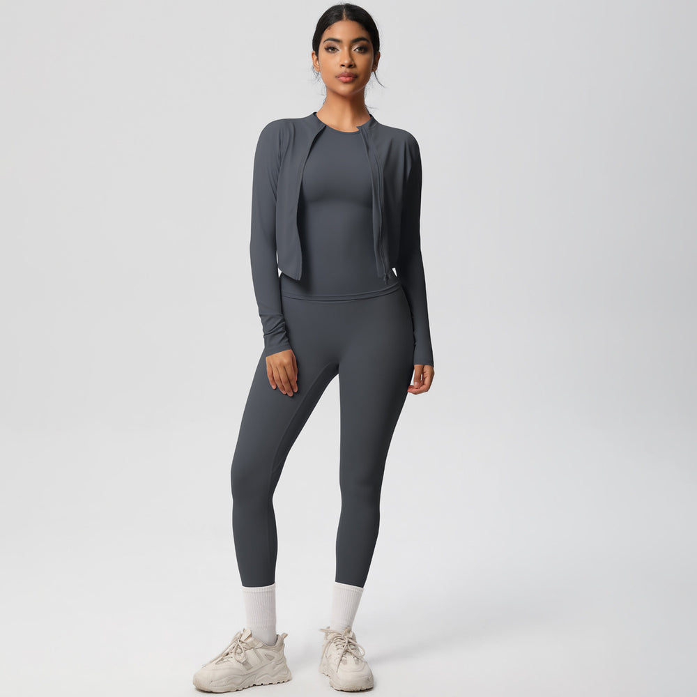 new arrival quick-dry barely-there jacket with short-sleeve yoga top set - slim-fit activewear three-piece outfit for outdoor running