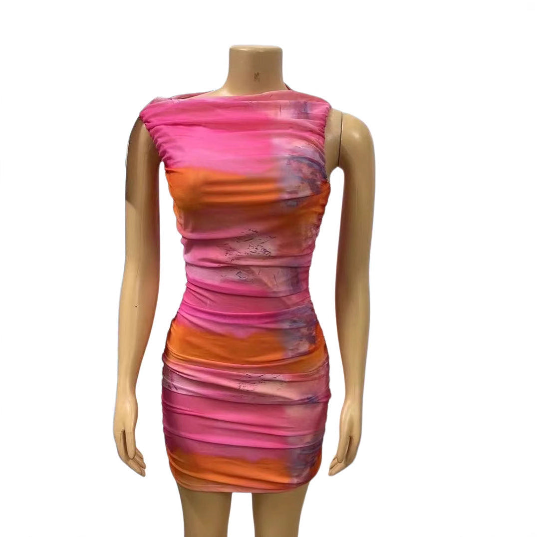 Cross-border European and American tight sexy dress mesh pullover sleeveless short skirt pleated hip skirt women's  wholesale