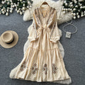 Vintage-inspired, heavily embroidered, unique and elegant women's long-sleeve dress - tie-waist a-line maxi dress, slimming and tummy-concealing