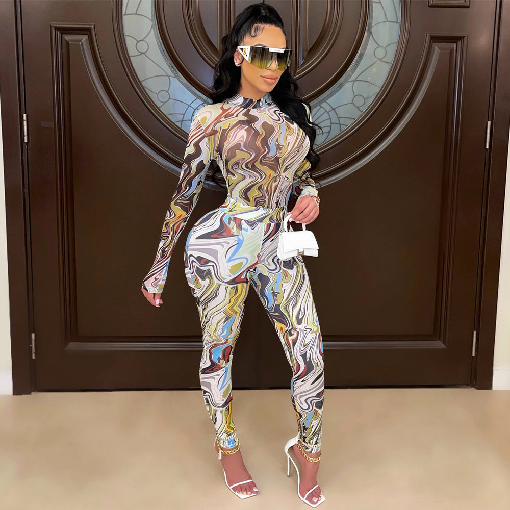 C5505    fashion women's painted bodycon long sleeve top and pants set with mesh sheer detail