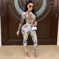 C5505    fashion women's painted bodycon long sleeve top and pants set with mesh sheer detail