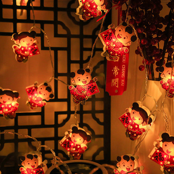 LED Chinese New Year red lantern light string Spring Festival Chinese New Year blessing atmosphere arrangement small flashing lights Chinese knot Fuwa lantern string