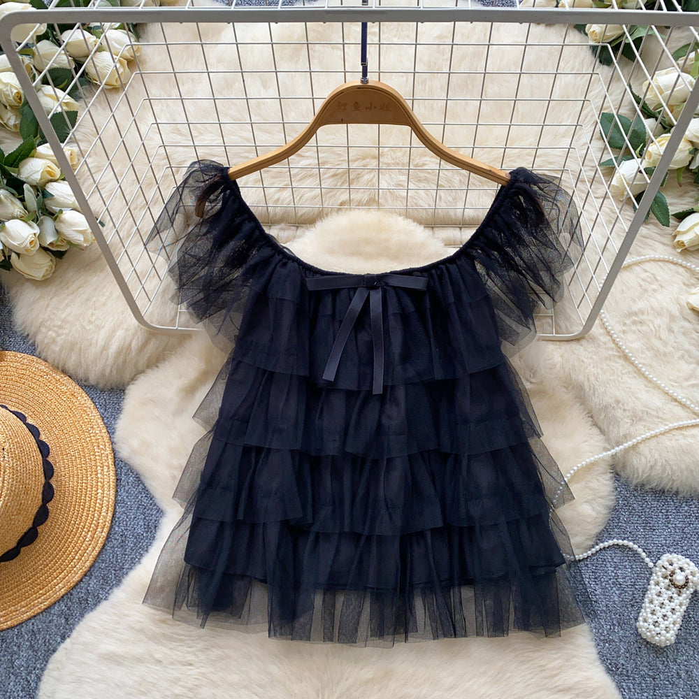 Korean style sweet bowknot layered mesh blouse - women's summer chic & youthful short-sleeve top