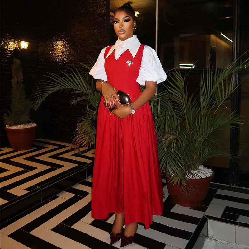 European and american style women's summer  elegant bubble sleeve blouse collar high waist slimming dress - faux two-piece
