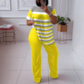 [hot-selling foreign trade model] fashion style large size contrasting stripesd short-sleeved fashion suit with burgundy wide-leg pants