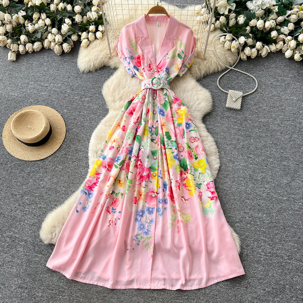 Korean style v-neck tie-waist printed dress - women's summer sleeveless floral maxi a-line dress - high waist, commute-friendly