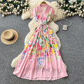 Korean style v-neck tie-waist printed dress - women's summer sleeveless floral maxi a-line dress - high waist, commute-friendly