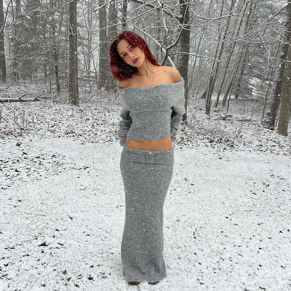 European and American style 2024 new autumn street sexy one-word collar off-the-shoulder long top high waist hip-wrapped long skirt set