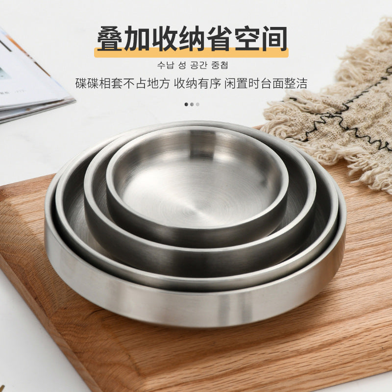 304 korean style double-layer stainless steel sauce dish, round barbecue plate, snack dish, korean bbq dipping dish for home use