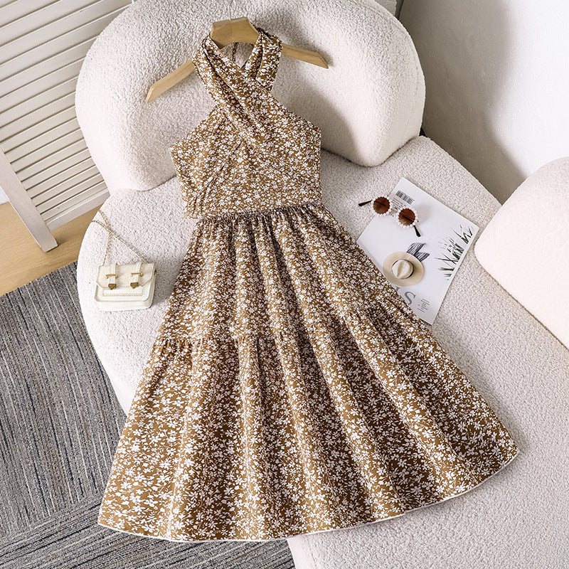 Export hot style girl's clothing spring and summer fashionnew arrival cross halter floral sleeveless tops skirt suit