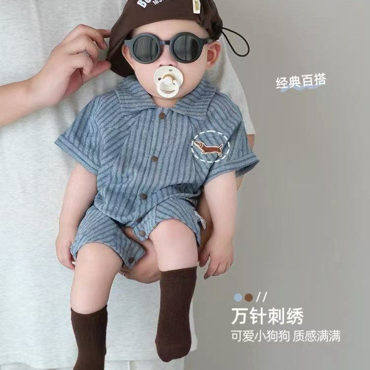Infant and toddler boys' summer clothing,  summer collection. korean-style casual striped design, short-sleeved romper/hooded onesie for outings and crawling