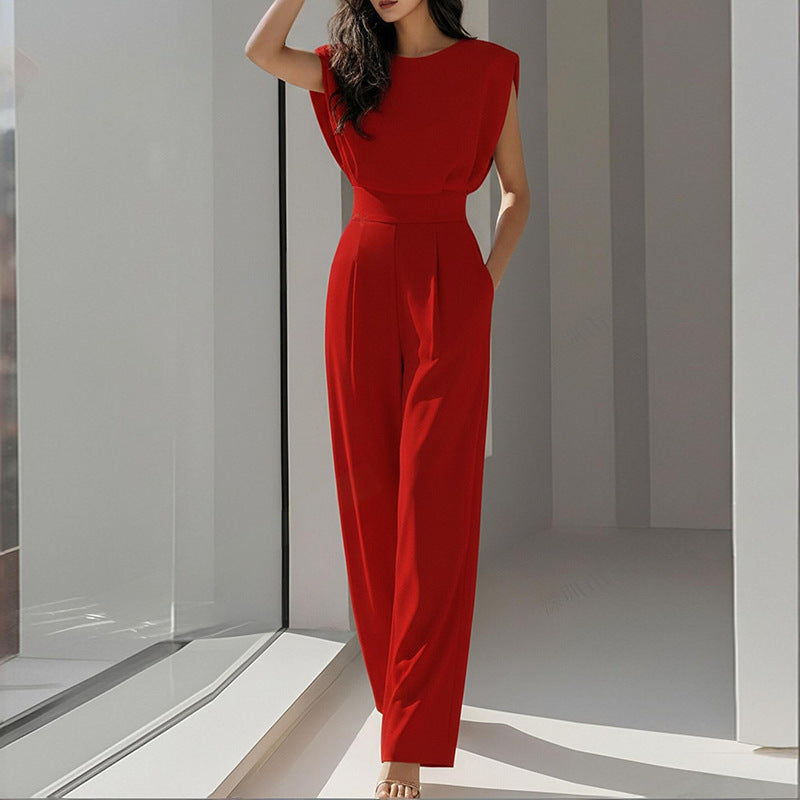 summer new women's clothing - cross-border european & american style - fashionable casual commute solid color crew neck pleated jumpsuit
