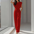 summer new women's clothing - cross-border european & american style - fashionable casual commute solid color crew neck pleated jumpsuit